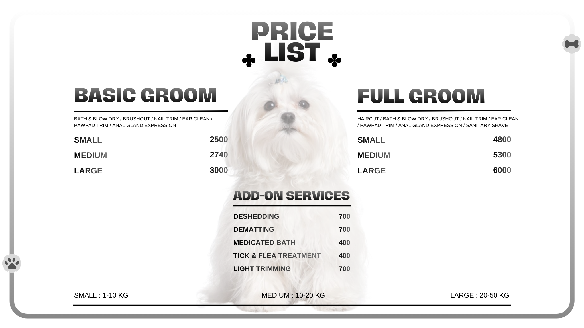 Grey Standard pet grooming price list in Kathmandu - full service cost chart